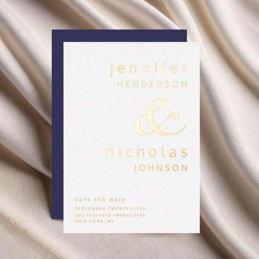 Navy Blue Ampersand Wedding Save the Date Gold Folie Uitnodiging