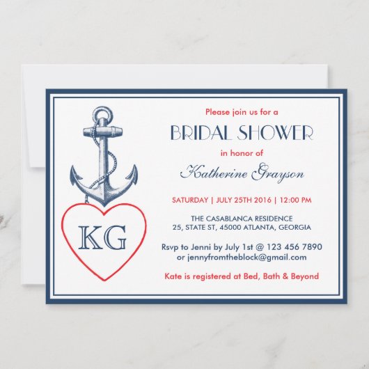 Navy Blue Anchor and Love Bridal Shower Invitation Kaart (Voorkant)