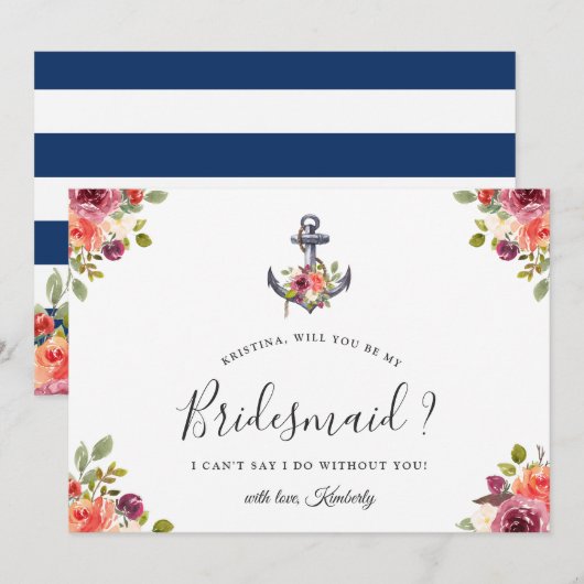 Navy Blue Anchor Floral... ben je mijn Bridesmaid Kaart (Voorkant / Achterkant)