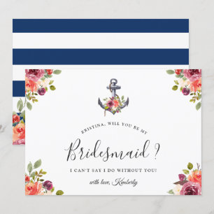 Navy Blue Anchor Floral... ben je mijn Bridesmaid Kaart