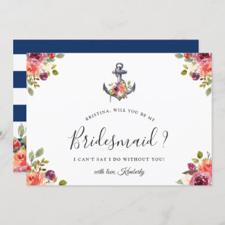 Navy Blue Anchor Floral... ben je mijn Bridesmaid Kaart