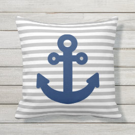Navy Blue Anchor Light Grey Stripes Buitenkussen