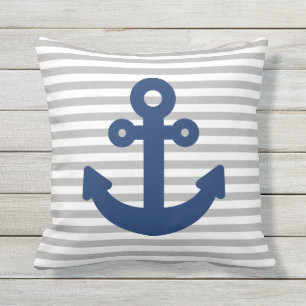Navy Blue Anchor Light Grey Stripes Buitenkussen