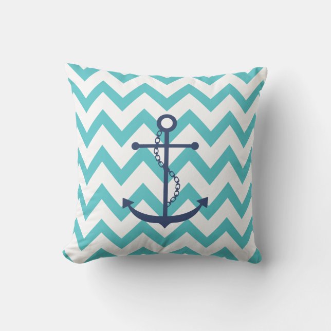 Navy Blue Anchor met Aqua Chevron Pattern Buitenkussen (Voorkant)
