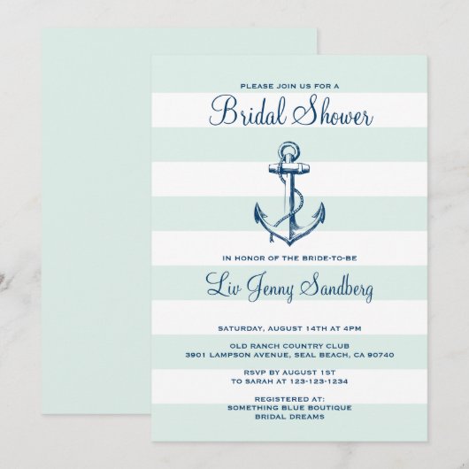 Navy Blue Anchor & Mint Stripes Vrijgezellenfeest Kaart (Voorkant / Achterkant)