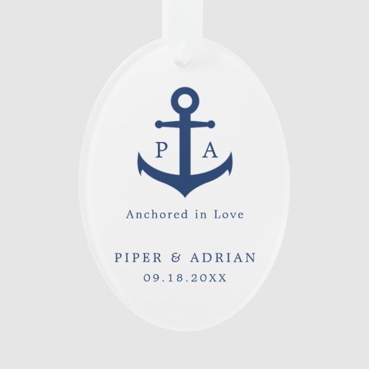 Navy Blue Anchor Monogram Nautical Pas getrouwd Ornament (voorkant)