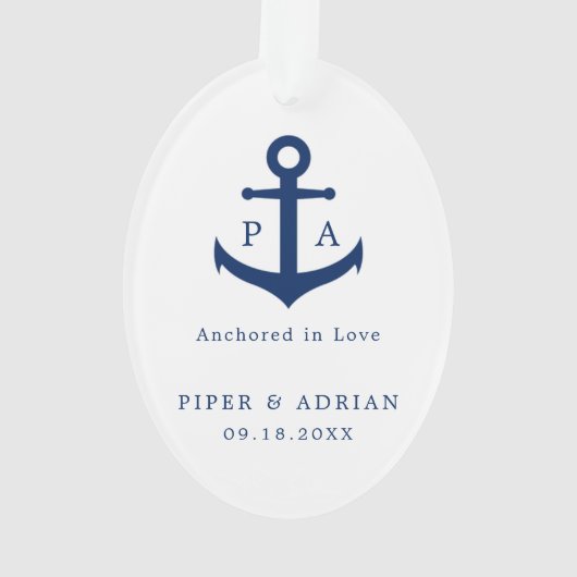 Navy Blue Anchor Monogram Nautical Pas getrouwd Ornament (achterkant)