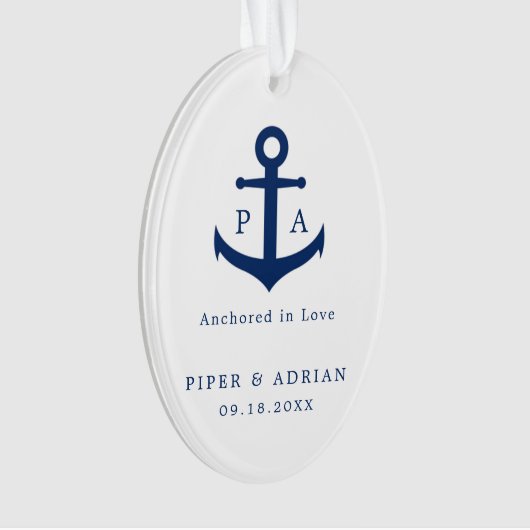 Navy Blue Anchor Monogram Nautical Pas getrouwd Ornament (voorkant)