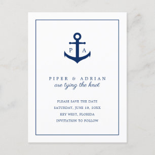 Navy Blue Anchor Monogram Nautical Save the Date Aankondigingskaart