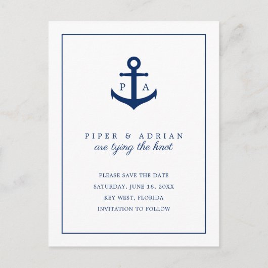 Navy Blue Anchor Monogram Nautical Save the Date Aankondigingskaart (Voorkant)
