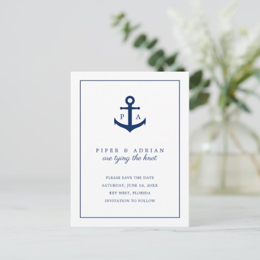 Navy Blue Anchor Monogram Nautical Save the Date Aankondigingskaart (Staand voorkant)