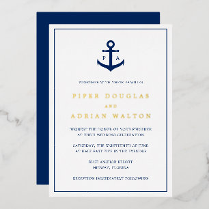 Navy Blue Anchor Monogram Nautical Wedding Gold Folie Uitnodiging