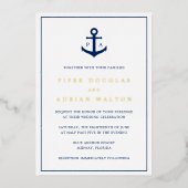 Navy Blue Anchor Monogram Nautical Wedding Gold Folie Uitnodiging (Voorkant)