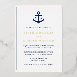 Navy Blue Anchor Monogram Nautical Wedding Gold Folie Uitnodiging