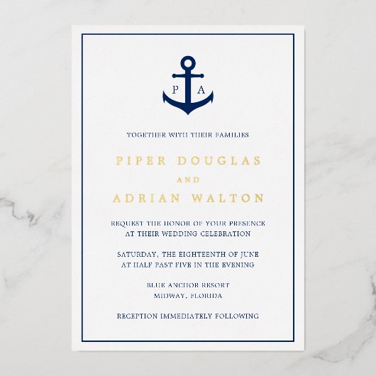 Navy Blue Anchor Monogram Nautical Wedding Gold Folie Uitnodiging (Voorkant)