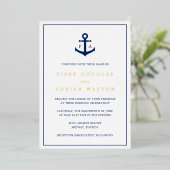Navy Blue Anchor Monogram Nautical Wedding Gold Folie Uitnodiging (Staand Voorkant)