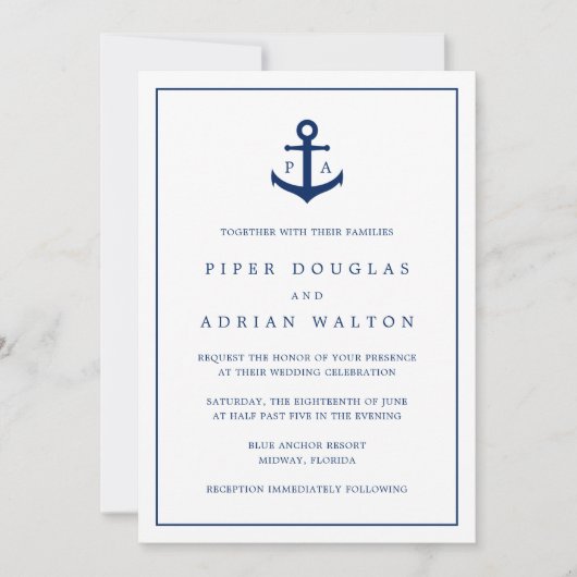 Navy Blue Anchor Monogram Nautical Wedding Kaart (Voorkant)