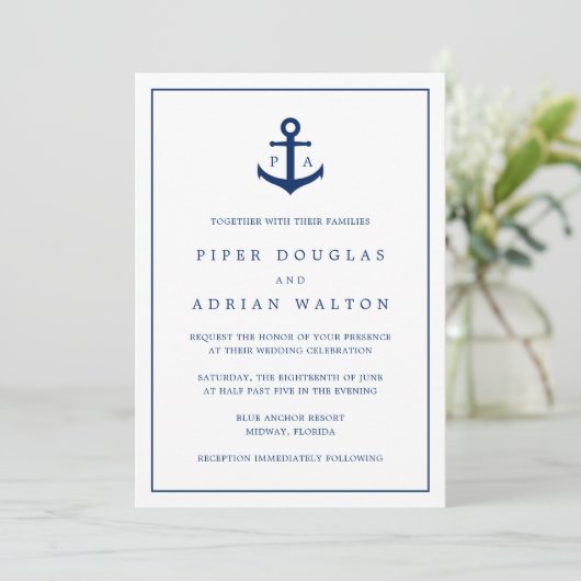 Navy Blue Anchor Monogram Nautical Wedding Kaart (Staand voorkant)