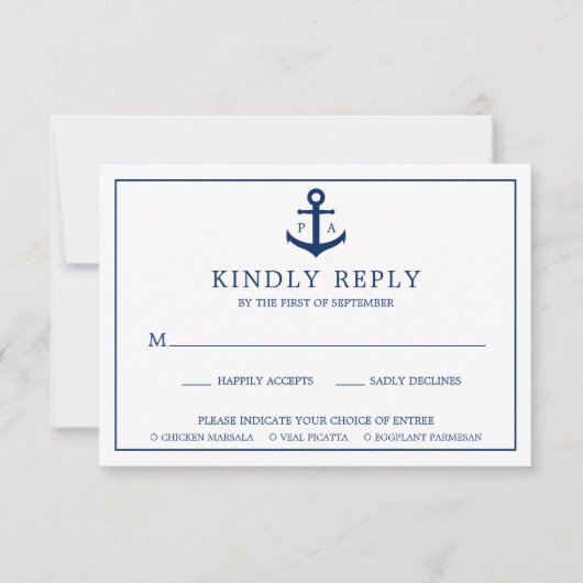 Navy Blue Anchor Monogram Nautical Wedding RSVP Kaartje (Voorkant)