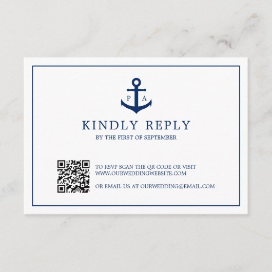 Navy Blue Anchor Monogram QR Code Nautical Wedding RSVP Kaartje (Voorkant)