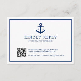 Navy Blue Anchor Monogram QR Code Nautical Wedding RSVP Kaartje