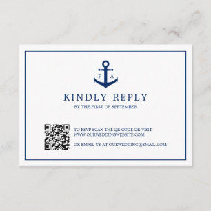 Navy Blue Anchor Monogram QR Code Nautical Wedding RSVP Kaartje