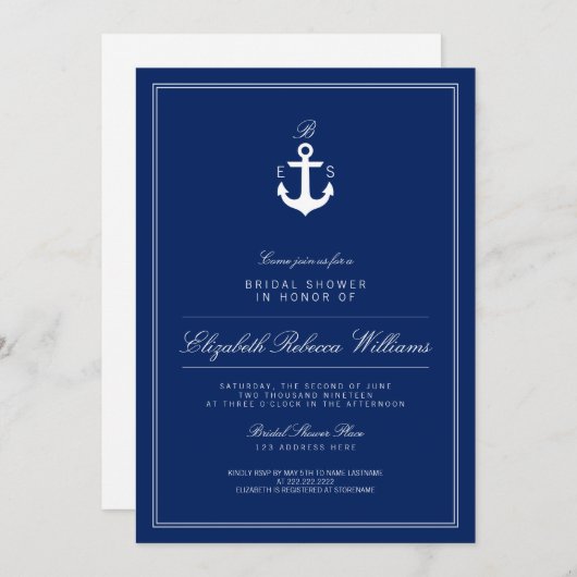 Navy Blue Anchor Monogram Vrijgezellenfeest Kaart (Voorkant / Achterkant)
