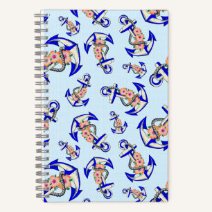 Navy Blue Anchor Nautical Floral Light Blue Notitieboek