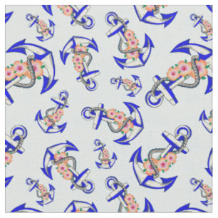 Navy Blue Anchor Nautical Floral Light Blue Stof