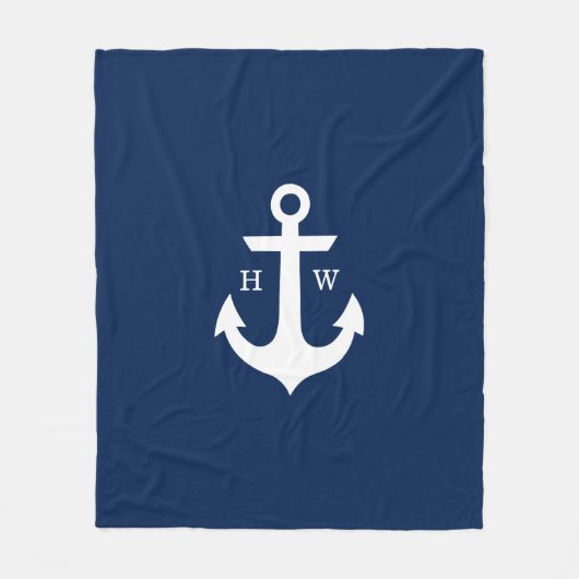Navy Blue Anchor Nautical Monogram Fleece Deken (Voorkant)