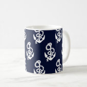 Navy Blue Anchor Nautical Pattern Koffiemok (Voorkant rechts)