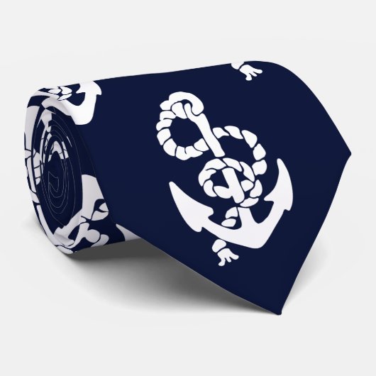Navy Blue Anchor Nautical Pattern Stropdas (Opgerold)