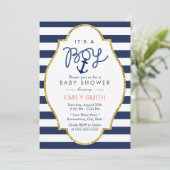 Navy Blue Anchor Nautical Stripes Boy Baby shower Kaart (Staand voorkant)