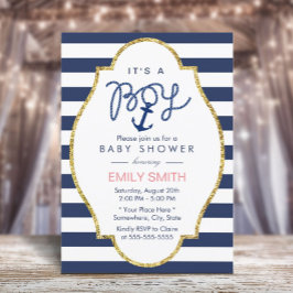 Navy Blue Anchor Nautical Stripes Boy Baby shower Kaart