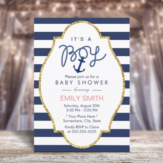 Navy Blue Anchor Nautical Stripes Boy Baby shower Kaart