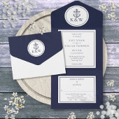 Navy Blue Anchor Nautical Wedding All In One Uitnodiging