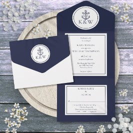 Navy Blue Anchor Nautical Wedding All In One Uitnodiging