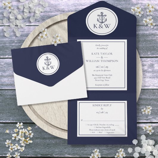 Navy Blue Anchor Nautical Wedding All In One Uitnodiging