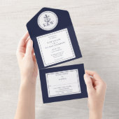 Navy Blue Anchor Nautical Wedding All In One Uitnodiging (Afscheurbaar)