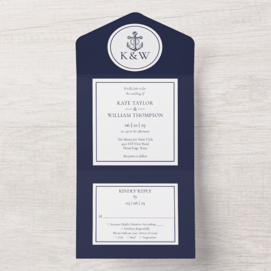 Navy Blue Anchor Nautical Wedding All In One Uitnodiging (Binnen)