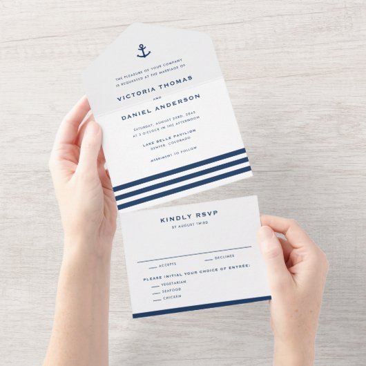 Navy Blue Anchor Nautical Wedding All In One Uitnodiging (Afscheurbaar)
