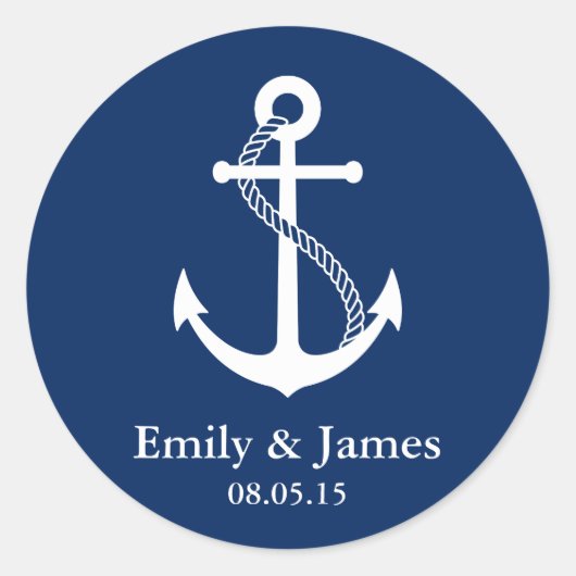 Navy Blue Anchor Nautical Wedding Favor Ronde Sticker (Voorkant)