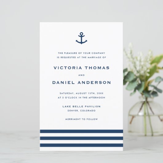 Navy Blue Anchor Nautical Wedding Invitation (Staand voorkant)