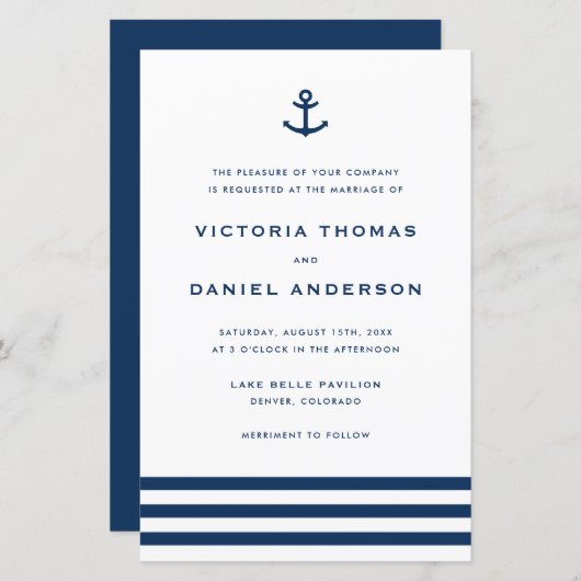 Navy Blue Anchor Nautical Wedding Invitation (Voorkant / Achterkant)