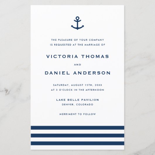 Navy Blue Anchor Nautical Wedding Invitation (Voorkant)