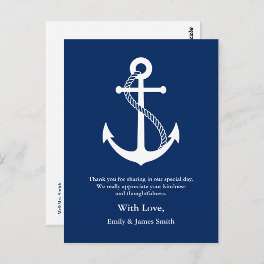 Navy Blue Anchor Nautische bruiloft Dank u Briefkaart (Voorkant / Achterkant)