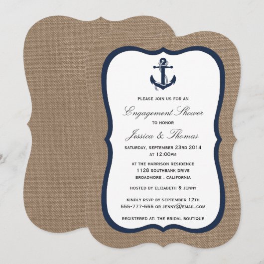 Navy Blue Anchor on Burlap Nautical Verloving Kaart (Voorkant / Achterkant)