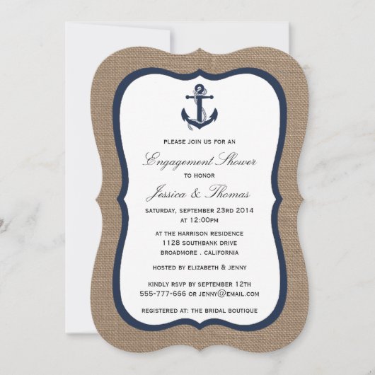 Navy Blue Anchor on Burlap Nautical Verloving Kaart (Voorkant)