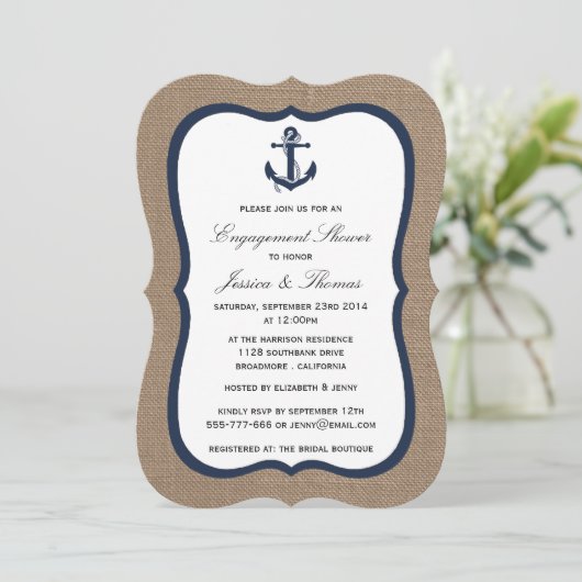 Navy Blue Anchor on Burlap Nautical Verloving Kaart (Staand voorkant)