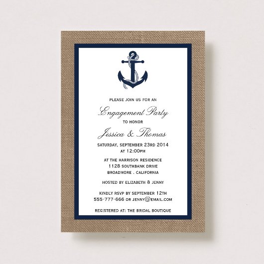 Navy Blue Anchor on Burlap Nautical Verloving Kaart